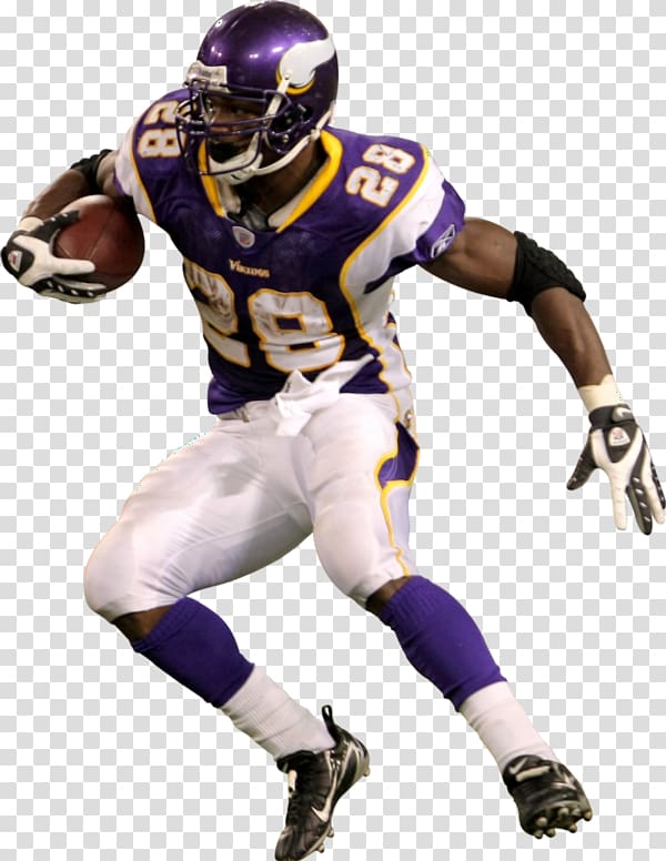 Minnesota Vikings running back Adrian Peterson (No. 28) in purple and gold uniform, sprinting with football in hand.