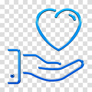Blue outline icon of a hand offering a heart, symbolizing care, support, or charity.