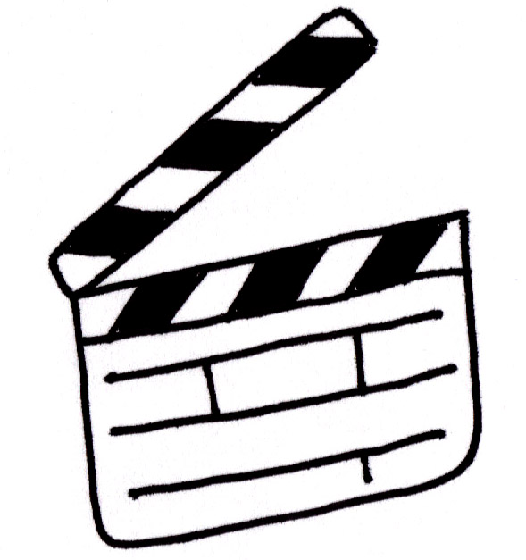Hand-drawn black-and-white clapperboard with striped sticks and blank slate for scene details.