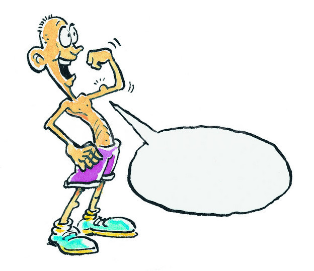 Cartoon man flexing bicep with empty speech bubble, smiling and wearing purple shorts and colorful sneakers.