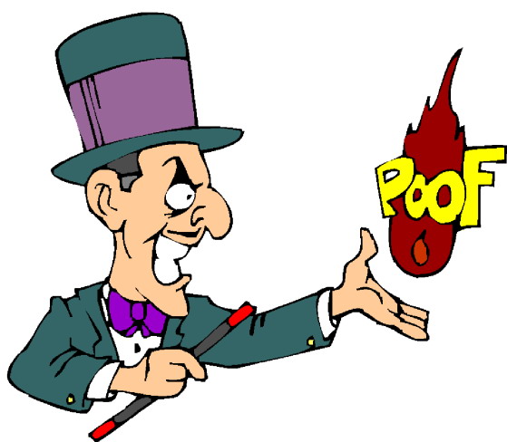 Cartoon magician in top hat and suit performing a "Poof!" magic trick with flame and text effect.