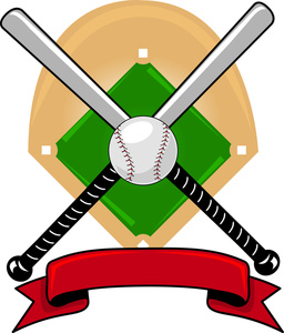Baseball logo featuring crossed bats, a baseball, home plate, and a red banner.