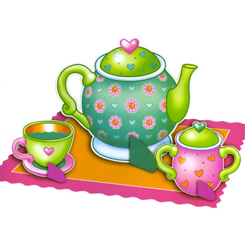 Colorful cartoon tea set with green teapot, pink cup, and matching sugar bowl on a scalloped placemat.