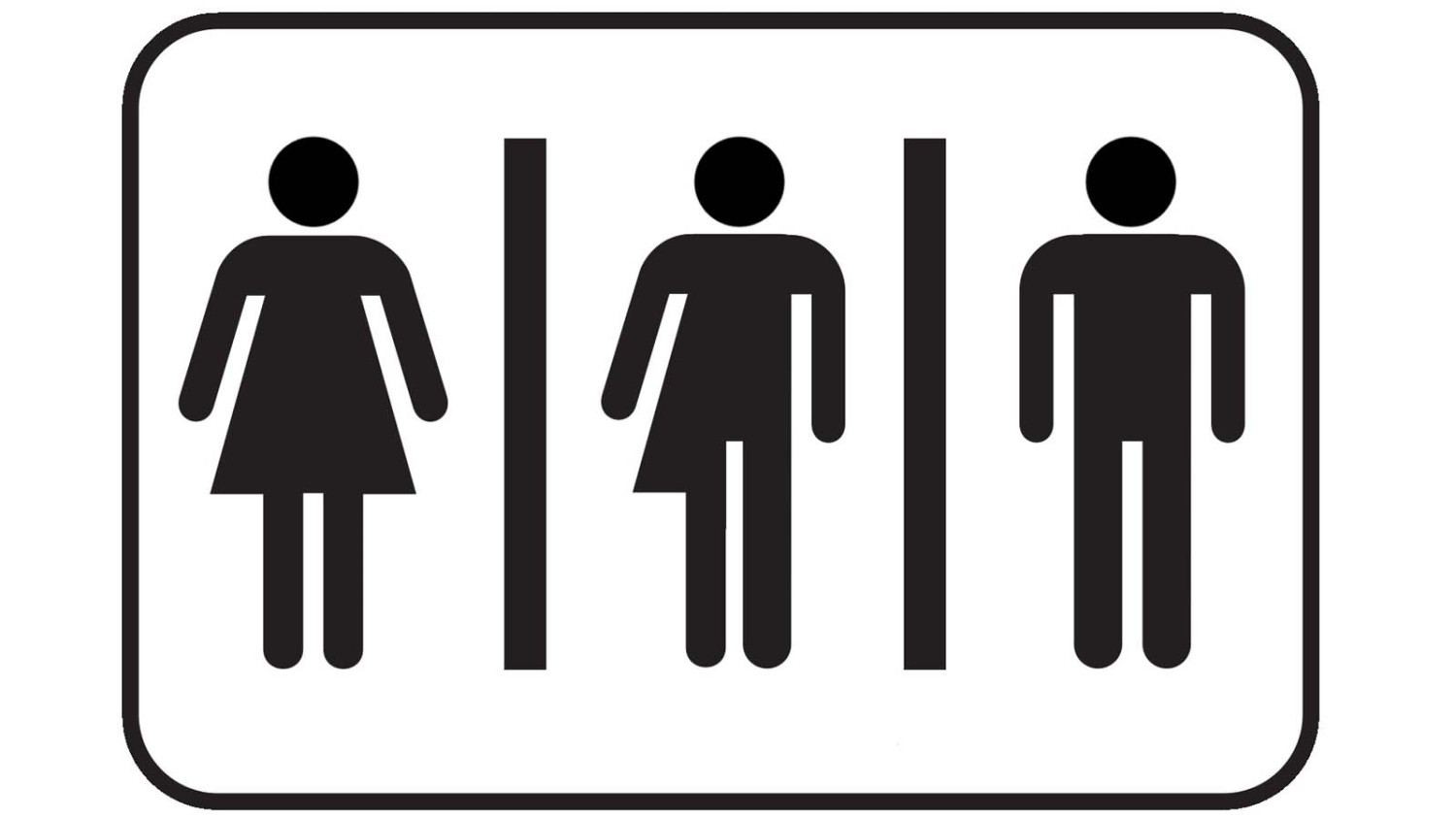 Gender-inclusive restroom sign showing female, nonbinary, and male pictograms separated by vertical lines.