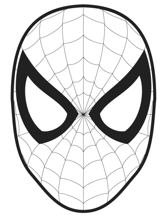 Black-and-white line art of Spider-Man’s iconic web-patterned mask with large eye lenses.