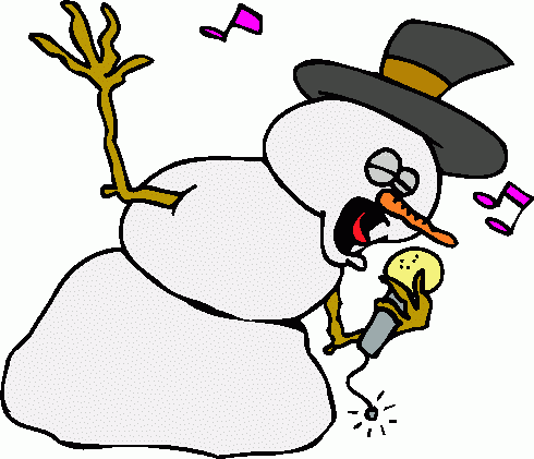A cheerful snowman wearing a top hat sings into a microphone with musical notes floating around.