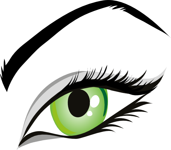 Stylized green eye with black eyeliner, long lashes, and arched eyebrow on white background.