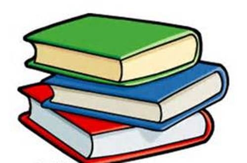Stack of three colorful hardcover books: green, blue, and red, illustrated in simple cartoon style.