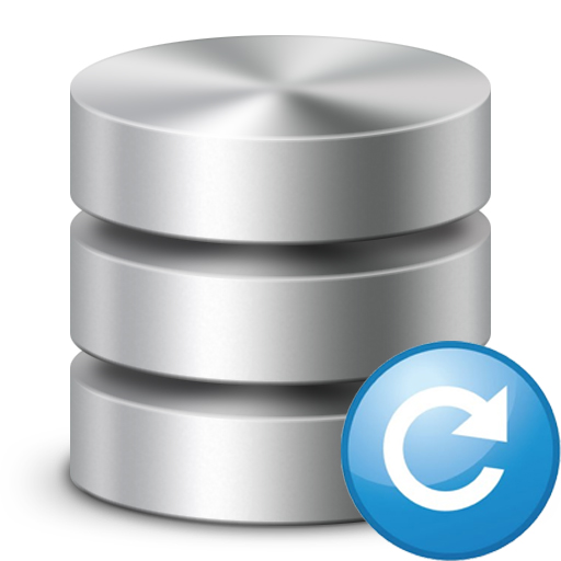Silver database stack icon with blue refresh symbol indicating data backup or synchronization.