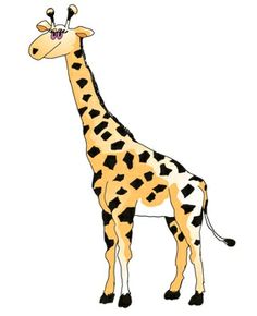 Cartoon giraffe with spotted coat, glasses, and friendly expression standing upright on white background.