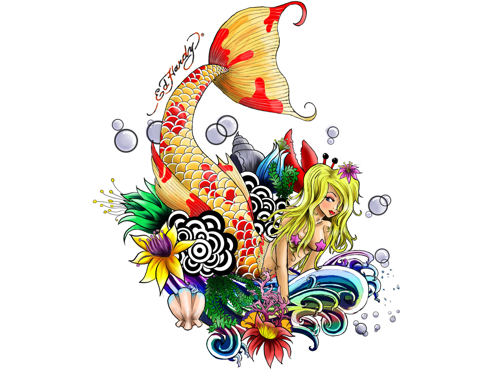 Ed Hardy Mermaid Tattoo Art - Vibrant Koi-Scale Fantasy Illustration