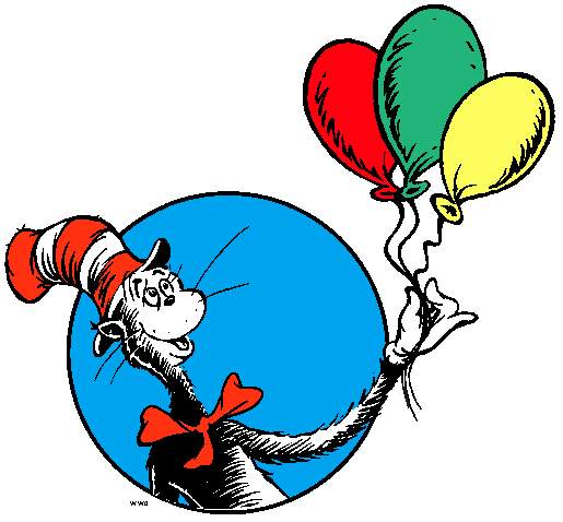 The Cat in the Hat holding three colorful balloons (red, green, yellow) against a blue circular background.