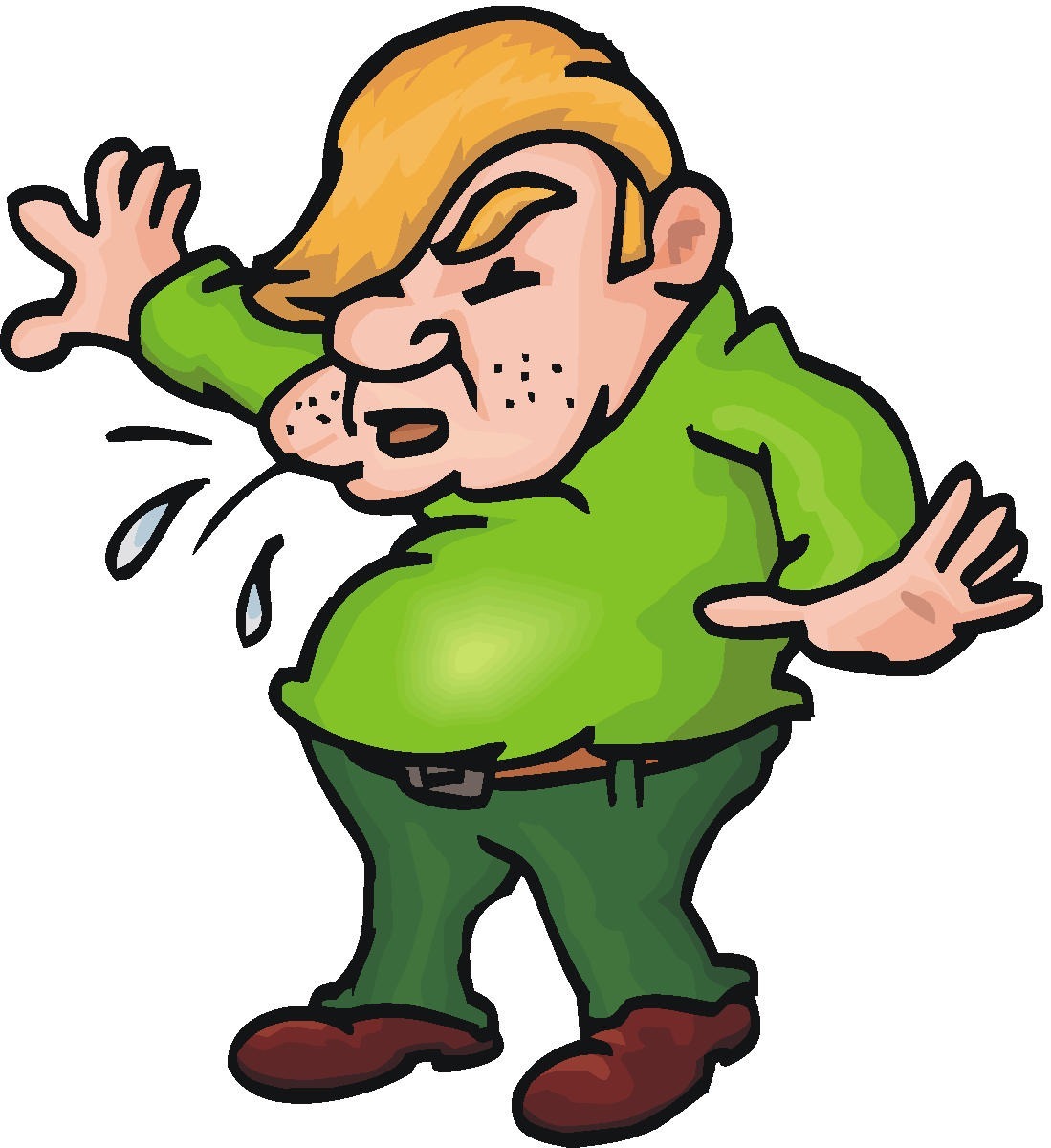 Cartoon man sneezing forcefully, eyes closed, arms raised, wearing green shirt and pants.