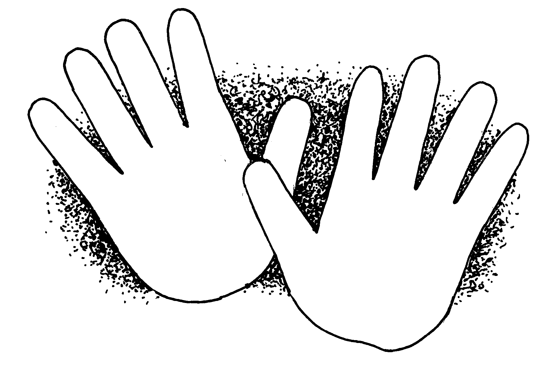 Two outlined hands with stippled shading between fingers, suggesting connection or collaboration.