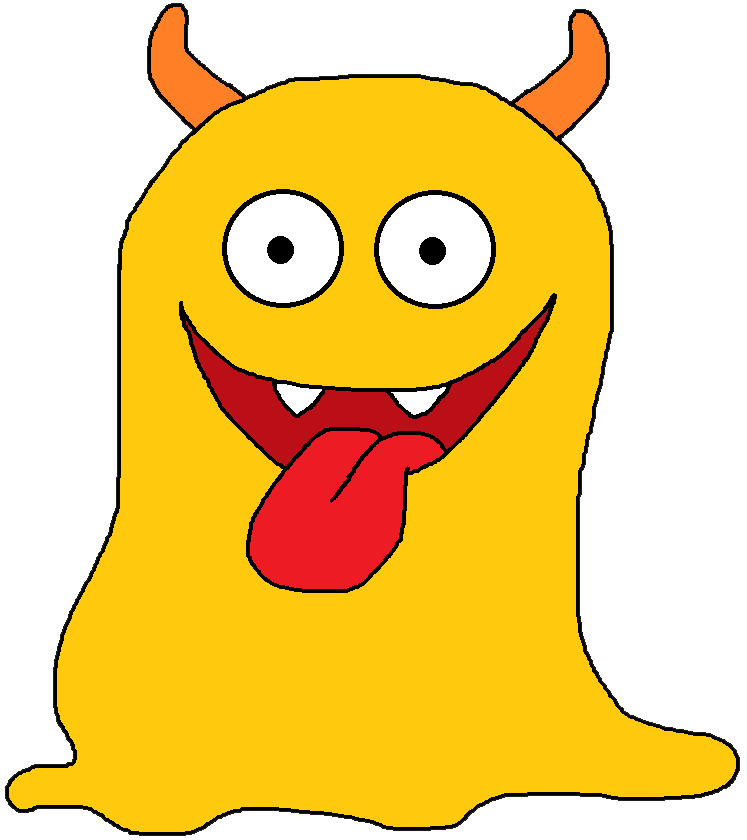 Cheerful yellow monster with orange horns, big eyes, fangs, and tongue sticking out.