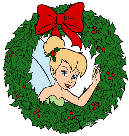 Tinker Bell peeking through a festive holly wreath with a red bow and berries.