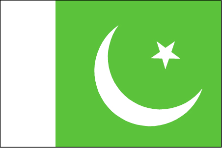 Flag of Pakistan featuring a white vertical stripe and green field with a white crescent moon and five-rayed star.