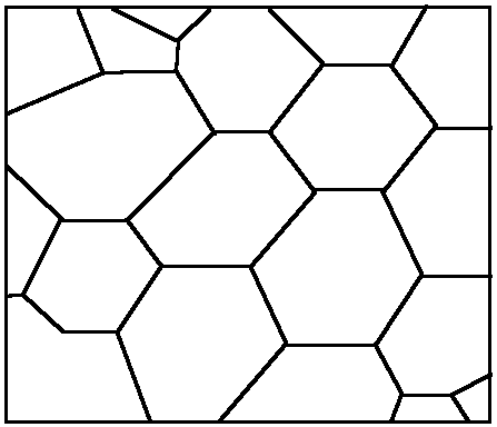 Black-and-white geometric tiling pattern with irregular hexagons and pentagons inside a square frame.