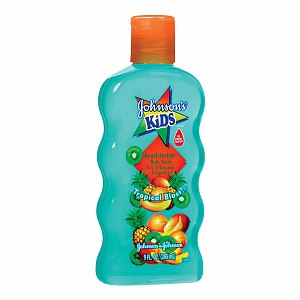 Johnson's Kids 2-in-1 Shampoo & Body Wash in tropical blast scent, turquoise bottle with orange cap and fruit graphics.