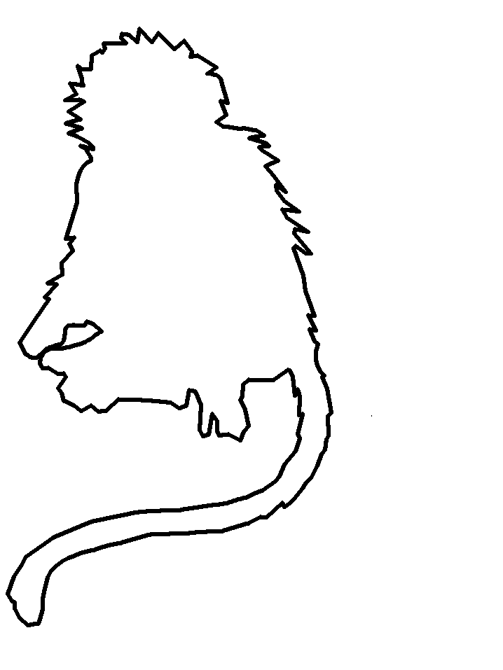 Black-and-white line drawing of a lion in profile, showing mane, face, body, and tail.