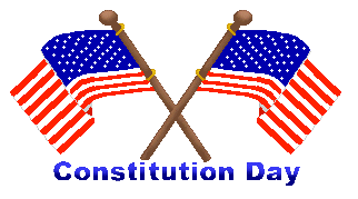 Two crossed American flags with "Constitution Day" text below on teal background.