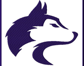 Stylized purple wolf head logo in side profile, embroidered texture, white background.