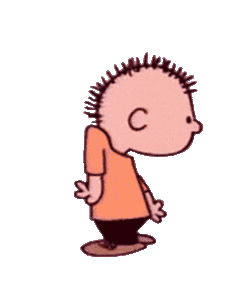 Cartoon boy with spiky hair, orange shirt, and brown pants walking sideways.