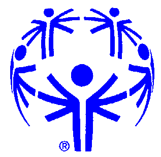 Blue logo depicting a circle of stylized human figures surrounding a central figure, symbolizing unity and community.