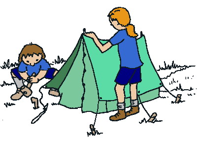 Two children setting up a green camping tent in a grassy outdoor area.