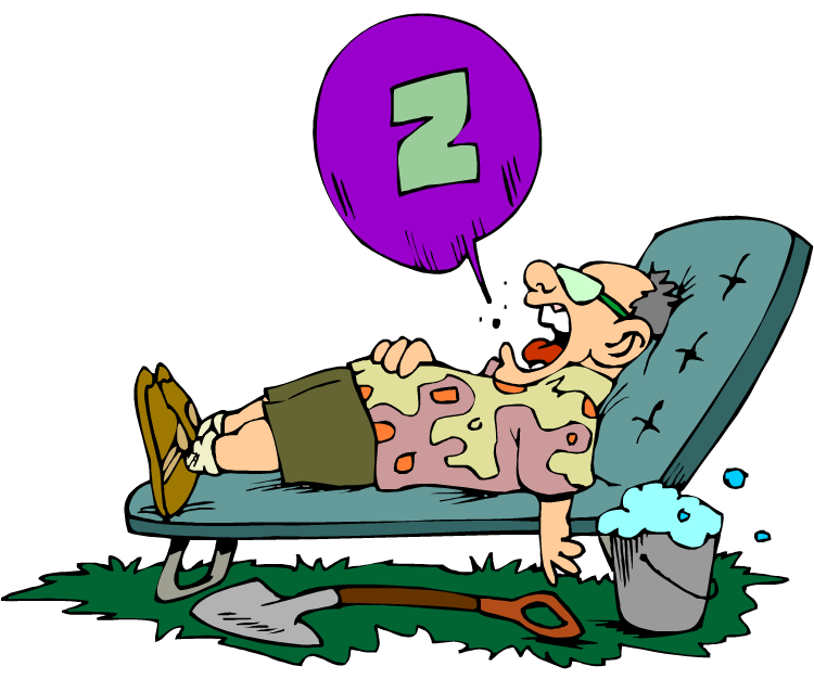 A cartoon man napping in a lawn chair with a "Z" speech bubble, surrounded by gardening tools and a bucket of foam.