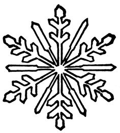 Black-and-white line drawing of a symmetrical six-branched snowflake with intricate dendritic patterns.