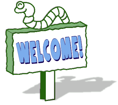 A cartoon green worm sits atop a wooden welcome sign with bold blue text and a green border.