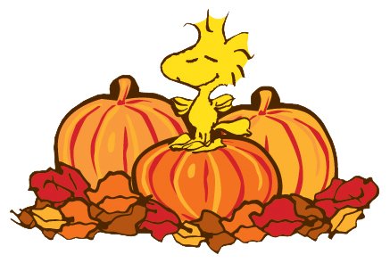 Woodstock perched on a pumpkin surrounded by autumn leaves and pumpkins.