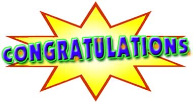 Bright yellow starburst with bold "CONGRATULATIONS" text in green and blue gradient, outlined in red and purple.