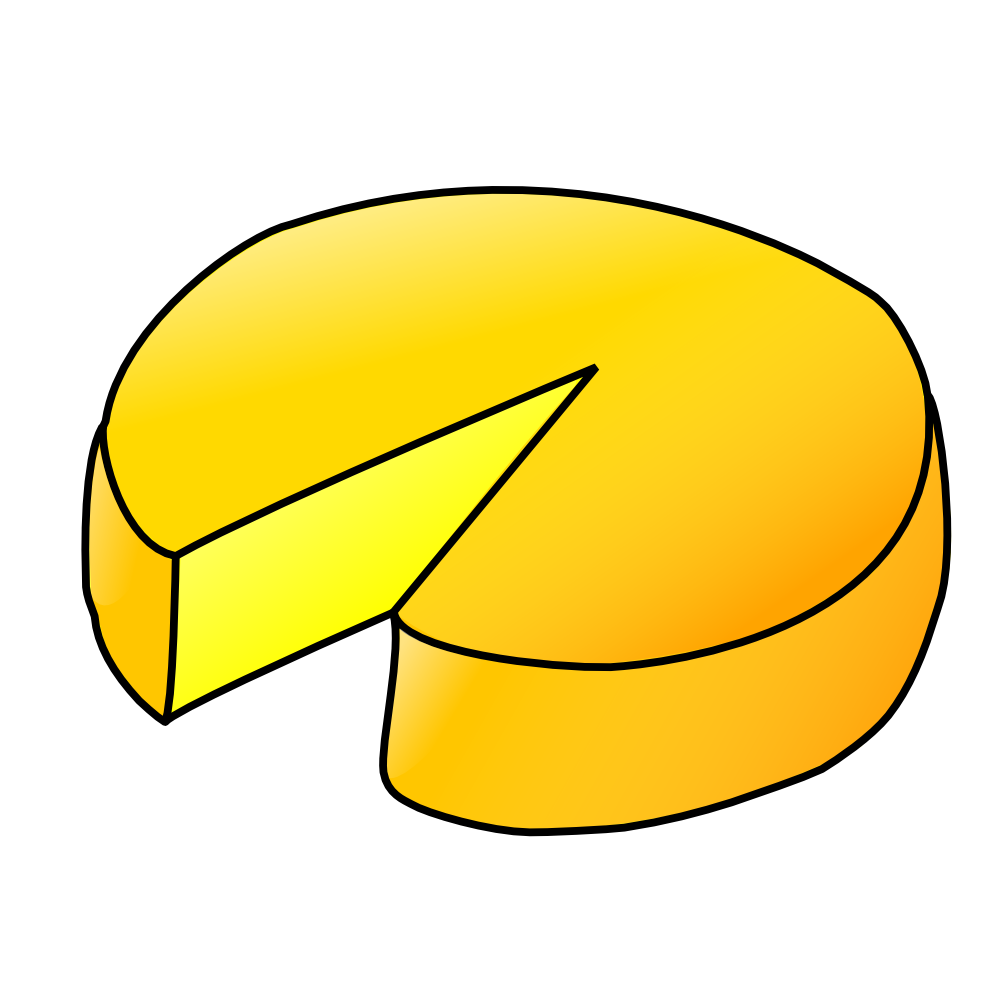 A cartoon-style wheel of yellow cheese with one wedge cut out and slightly separated.