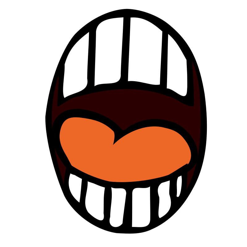 Stylized cartoon face with orange mouth, white teeth, and dark background resembling a helmet or mask.