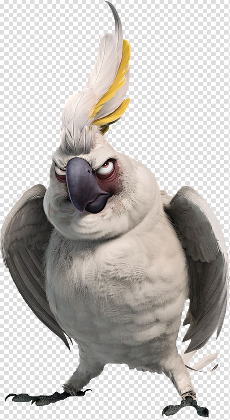 Animated white cockatoo with yellow crest, angry expression, and outstretched wings.