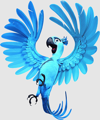 Vibrant blue animated macaw with outstretched wings, open beak, and expressive pose against a light background.