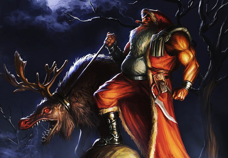 A dark, muscular Santa Claus with glowing red eyes rides a monstrous reindeer through a stormy night forest.