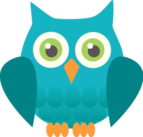 Blue cartoon owl with large green eyes, orange beak and feet, and teal wings on white background.