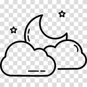 Night sky with crescent moon, stars, and clouds in line art style