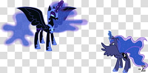 Two stylized dark-blue alicorn ponies with wings and horns, one larger with shadowy aura, the other smaller with flowing mane.