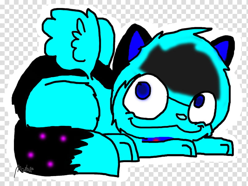 A cyan-furred cartoon cat with blue eyes and black markings lies playfully, one paw raised, tail tipped with glowing purple dots.
