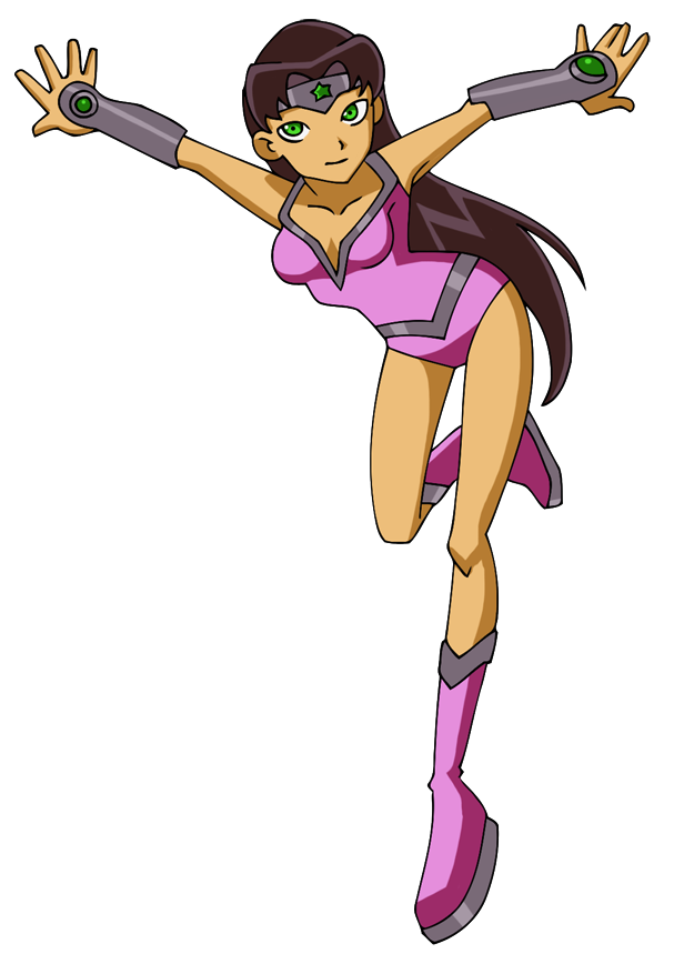 A dynamic animated female superhero in a pink and gray suit with green eyes and energy gauntlets, striking a heroic pose.