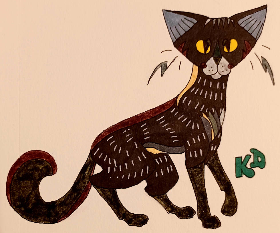 Stylized black cat with yellow eyes, white markings, and decorative line patterns; signed "KD" in green.