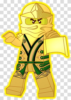 Golden ninja LEGO minifigure with green accents, mask, and scroll, in dynamic pose.