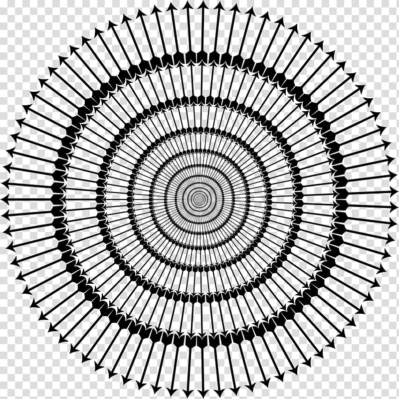 Black-and-white radial arrow pattern forming a hypnotic spiral mandala design on transparent background.