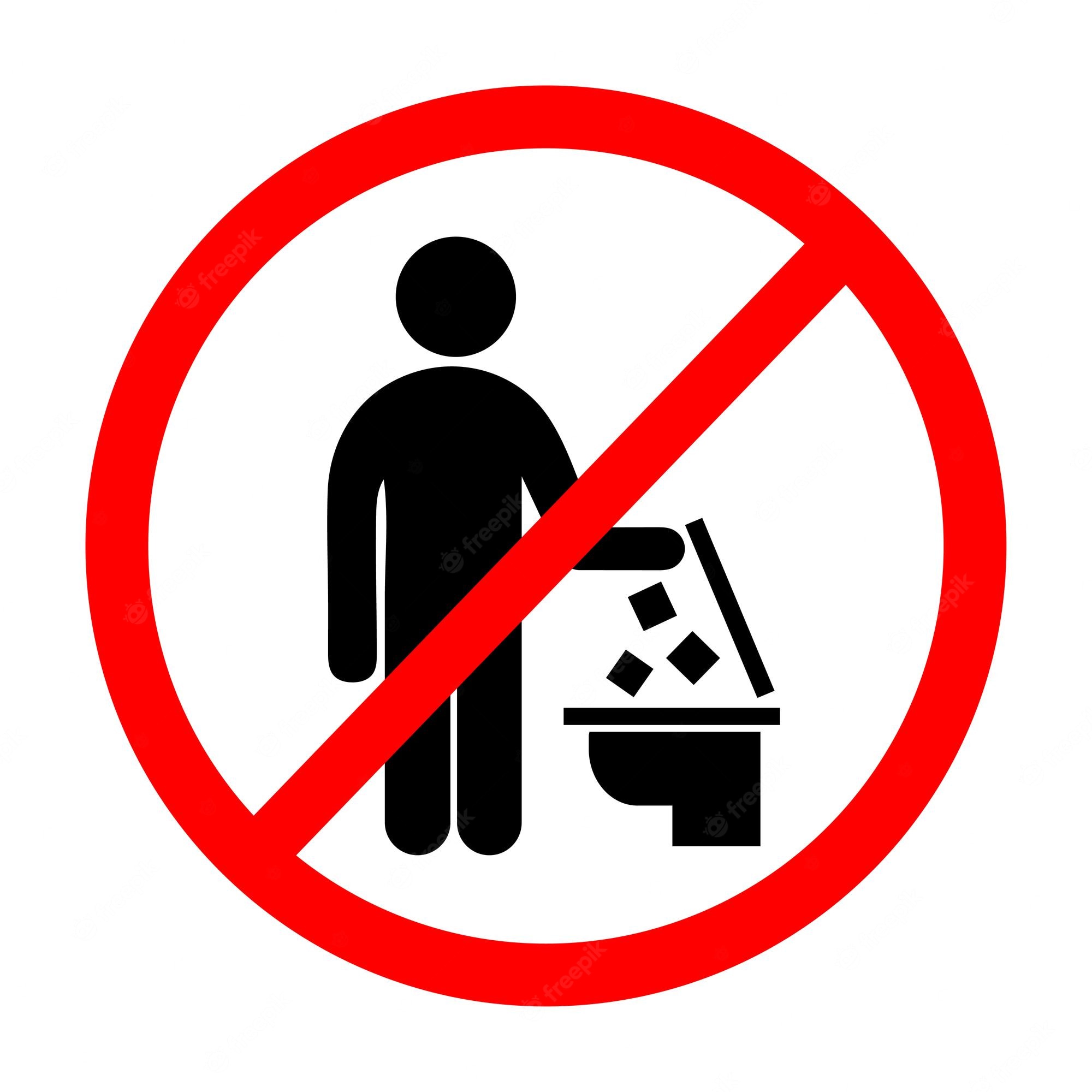 Prohibited sign showing a person throwing trash into a bin, crossed out with red circle and slash.