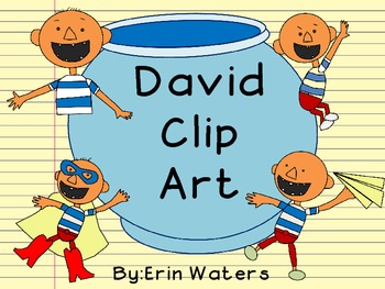 Four cheerful cartoon boys in striped shirts around a blue jar labeled "David Clip Art" by Erin Waters.