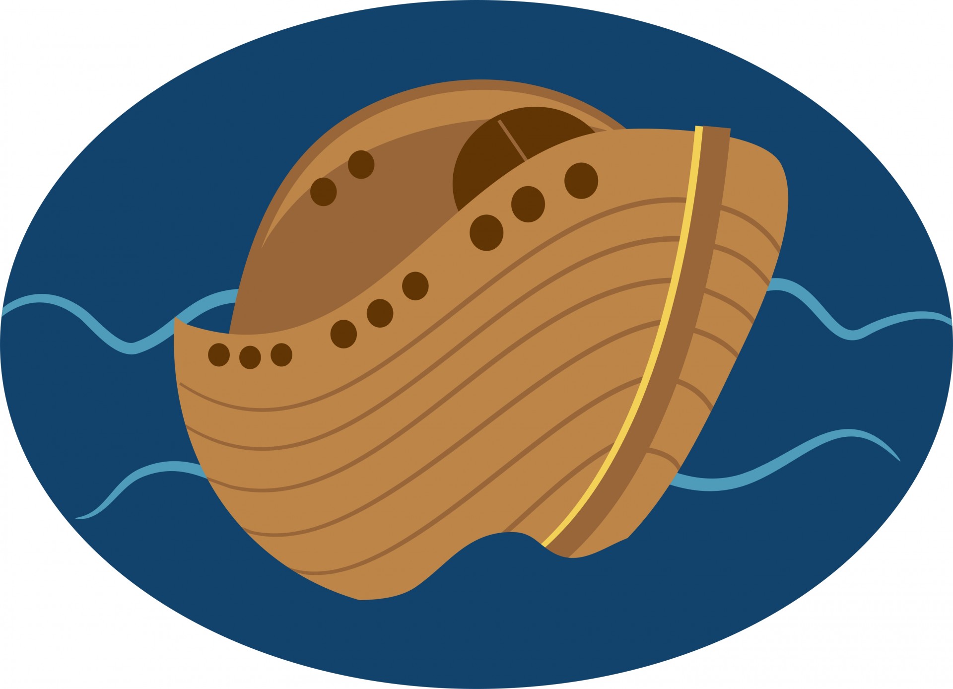 Wooden ark-style boat floating on blue water with wave lines and portholes.